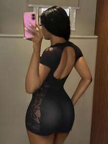 SHEIN HypeZone 女士性感黑色蕾丝提花连体裤 - 黑色 - 查看 2