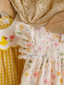 SHEIN Vintaside Kids 女嬰多色夏季花卉印花荷葉袖迷你洋裝，田園風清新圖案輕盈休閒派對版型，適合戶外穿著 - 杏色 - 查看 7