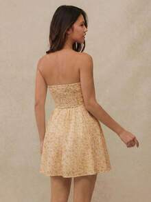 Spring Floral Printed Pointelle Knit & Boho Ruffle Lace Sweetheart Neck Cute Bow Tie Front Smocked Back Strapless A-Line Mini Dress Summer Western Cowgirl Music Concert Outfit - Light Yellow - View 3