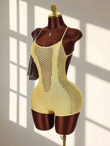 Amplova Women's Spaghetti Strap Backless Jumpsuit With Deep V Neck, Suitable For Vacation Outfit, Cute & Mini - Yellow - View 4