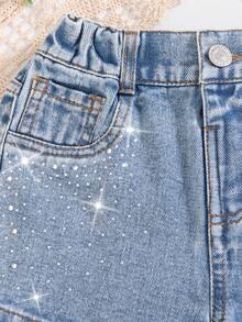 SHEIN Playful Pals Girls' Summer Denim Shorts,Sky Blue,Elegant Rhinestone Embellishment,Y2K Retro Design Streetwear,Elastic Waistband Soft Cotton Relaxed Fit,Medium Wash - Light Wash - View 5