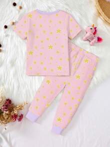 Young Girl' Cute Unicorn & Star Print Contrast Color Knit Elastic Fabric Glow-In-The-Dark Short Sleeve Top And Pants 2 Pieces Pajama Set - Pink - View 2