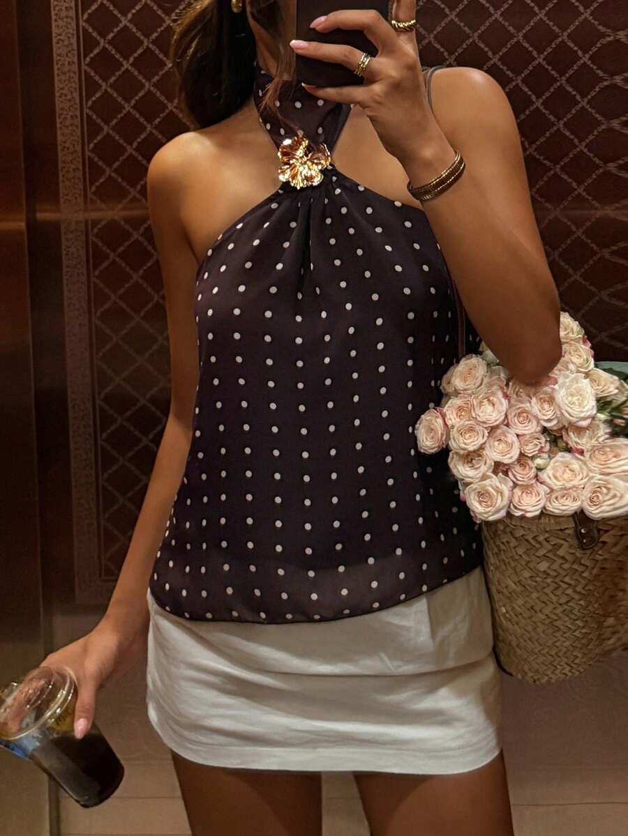 DAZY 女士休闲波点印花露背吊带背心，夏季 - 咖啡棕 - 查看 1