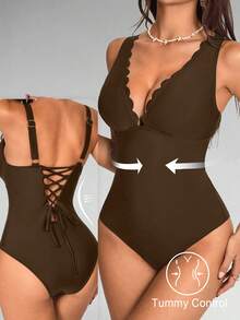 Shapewave Women's Solid Color One-Piece Swimsuit, Suitable For Beach Vacation, Pool Party, Beach Party - Coffee Brown - View 3
