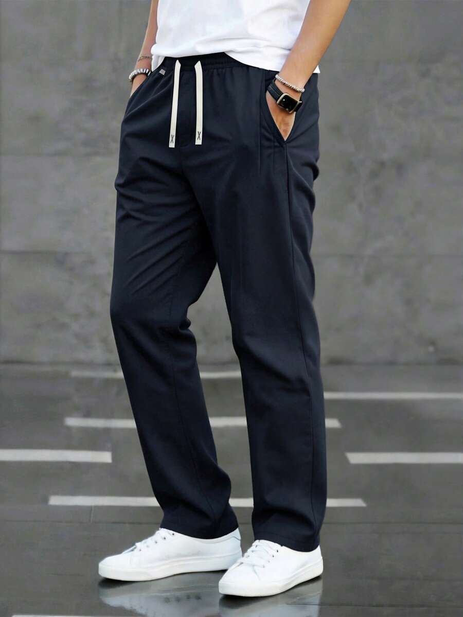 Manfinity Homme Men's Drawstring Waist Pockets Casual Versatile Daily Wear Pants - Navy Blue - View 1