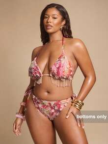 SHEIN BAE Plus Size Women's Red Beaded Bikini Bottom Summer Beach Vacation - Red - View 1