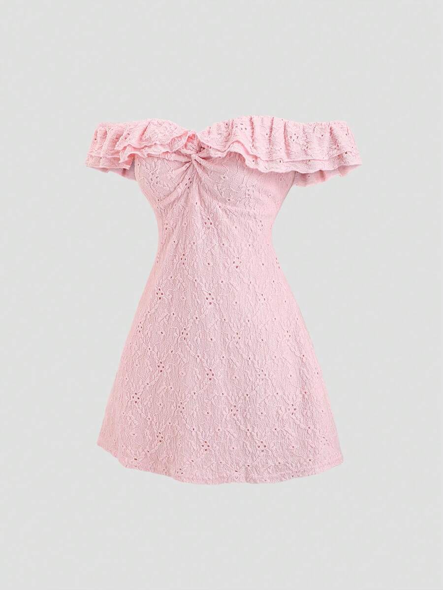 SHEIN Sweetro 精致法式甜美公主风约会装，露肩荷叶边收腰修身A字迷你连衣裙，质感面料，甜美夏日度假风 - 粉色 - 查看 1