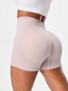 Seamluxe SHEIN Sport 女士无缝高腰塑身运动短裤，夏季 - 米色 - 查看 2