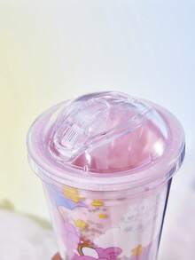 SHEIN X Care Bears 450毫升卡通草莓图案透明双吸管杯，礼品创意 - 粉色 - 查看 4