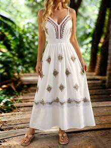 春夏波西米亚印花V领系腰A字连衣裙，女士休闲度假风 - 彩色 - 查看 8