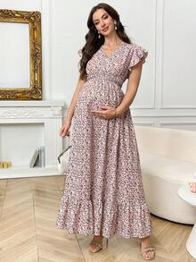 SHEIN 夏季孕妇V领短袖荷叶边腰部碎花连衣裙 - 粉色 - 查看 6