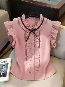Elladie kids 少女春夏休闲优雅通勤甜美圆领无袖荷叶边复古风衬衫，纯色衬衫 - 粉色 - 查看 5