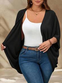 EMERY ROSE Plus Size Casual Solid Color Batwing Sleeve Jacket - Black - View 7