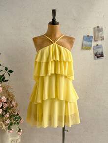 Soleia Plus Size Summer Yellow Holiday Tea Vacation Party Elegant Cute Backless Multi-Tier Ruffle Chiffon Mini Dress Wedding Guest Bohemian Boho - Yellow - View 3