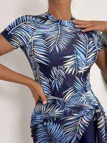 Swim Mulvari Conjunto de 3 piezas de mujer para vacaciones de verano en la playa, con camiseta sin mangas con estampado aleatorio de hojas y bikini de tirantes finos - Azul Marino - Ver 3