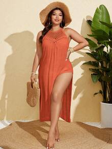 SHEIN Swim Curve 加大码手工钩编镂空性感修身海滩长裙，侧开衩，轻盈 - 橘色 - 查看 7