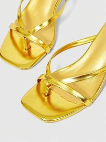 ROMWE Grunge Punk Spring/Summer New Leopard Print Sexy Kitten Heel Sandals, Fashion Versatile High Heels For Women - Gold - View 4