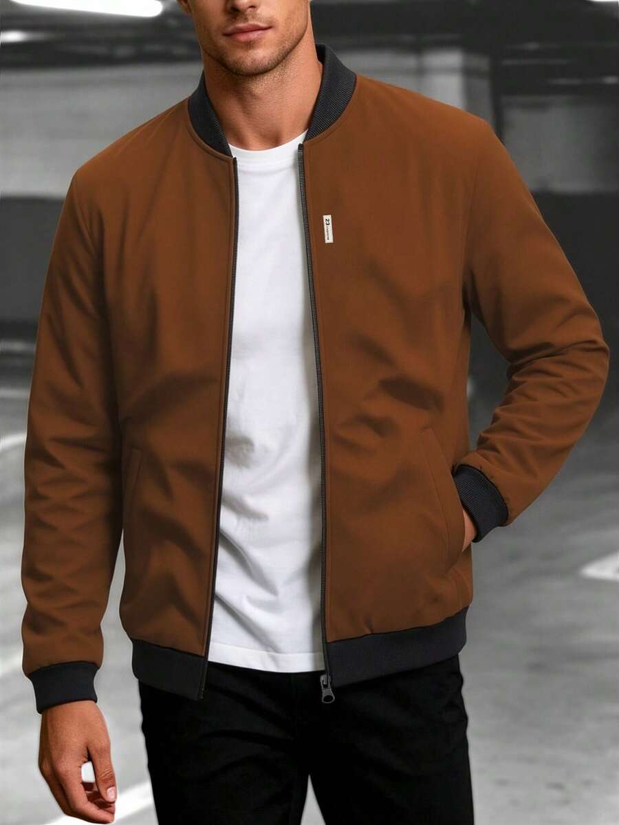 EGENSIO Men's Fashionable Casual Zipper Jacket - Brown - View 1