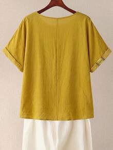 Rusticease 大码女式几何图案短袖宽松休闲衬衫 - 黃色 - 查看 2