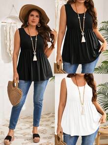 EMERY ROSE 2pcs Atasan Tank Top Wanita Ukuran Plus Musim Panas Kasual Elegan Hitam & Putih, Leher Bulat Warna Polos untuk Liburan, Gaya Pedesaan Boho - Hitam dan Putih - View 3