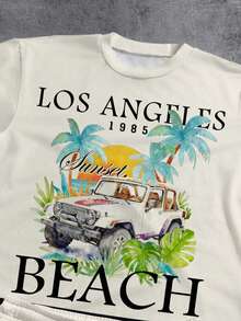Manfinity ZONE917 Men's Vacation Palm Tree Letter Print Short Sleeve Casual Loose Knit T-Shirt And Drawstring Waist Shorts Set - Black - View 2