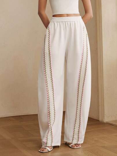 Anewsta 白色高腰修身休闲拼接设计长裤，宽松版型