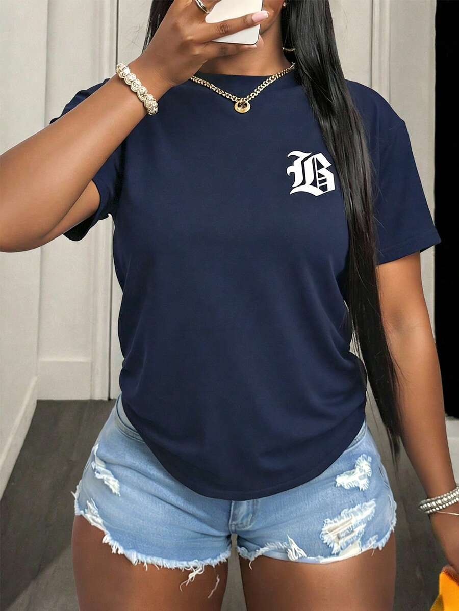BamGleam Women's Casual Fitted Short Sleeve T-Shirt - Navy Blue - View 1