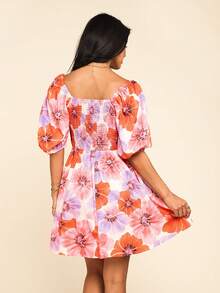 Vestido de verano con estampado floral, cuello de corazón y mangas abullonadas - Naranja - Ver 3