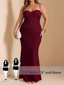 SHEIN Tall CURVE 大码女士纯色修身吊带派对连衣裙 - 酒紅色 - 查看 2