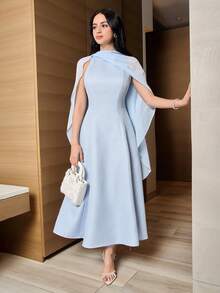 Modelyn 女士纯色不对称设计披肩袖优雅中长连衣裙 - 藍色 - 查看 5