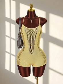 Amplova Women's Spaghetti Strap Backless Jumpsuit With Deep V Neck, Suitable For Vacation Outfit, Cute & Mini - Yellow - View 10