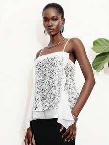 Aveloria Modichic Cami Tank Top Blouse Loose A-Line Sequin Textured Chiffon Spaghetti Strap Layered Draped Hem Elegant Chic White Party Summer Business Professional Women Sequin Embroidery Solid Summer Tops Blouses For Women Summer Outfits For Women Sexy Tops Sequin Top Holiday For 28°C Above High Temperature - Multicolor - View 4