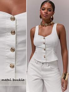 Normani Women's White Denim Top, Fitted U-Neck Vest, Metal Buckle Decoration, Casual Summer Outfit.White Casual Denim Shirt - White - View 8