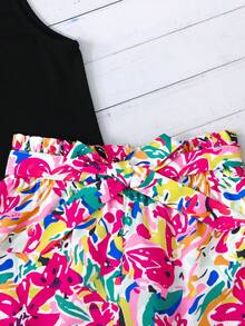 Conjunto de 2 piezas de top de tirantes con estampado floral tropical y shorts de cintura alta para niña preadolescente - Negro - Ver 7