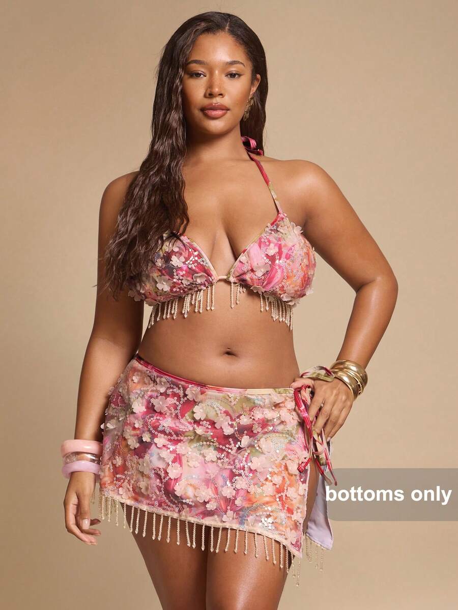 SHEIN BAE Vestido de playa rojo sexy con cuentas y malla para mujer de talla grande