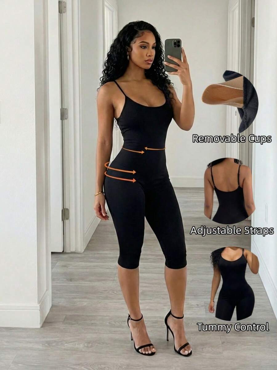 BamGleam Women's Black Summer Seamless Knit Jumpsuit Athleisure Gym Tummy Control Romper Halter Backless Sleeveless Low-Cut Tight Unitard Short Jumpsuits Sexy - Black - View 1