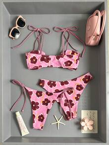 Swim Mod 3pcs/Set Pink Summer Tropical Beach Vacation Holiday Knitted Floral Print Swimwear Set, Elegant Plaid Spaghetti Strap Triangle Cup Bikini Set, Bandeau - Multicolor - View 2
