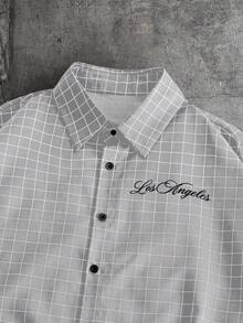 AXEPEAK Men's Loose Fit Letter & Plaid Print Short Sleeve Woven Shirt - Light Grey - View 3