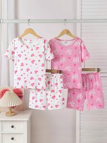 4 Stücke Mädchen Elastisch Gestrickt Kurzarm Shorts Pyjama Set mit Schleife & Herz Dekor, Weich & Bequem, Tolles Geschenk für Teenager Mädchen - Pink - Übersicht 3