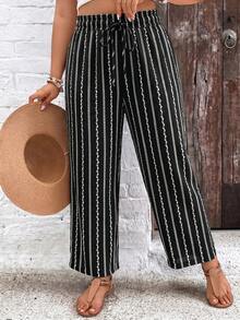 SHEIN VCAY Quần dài nữ cỡ lớn kiểu dáng thường ngày, họa tiết hoa và sọc retro, thích hợp cho mùa xuân và hè, màu đen. - màu đen - Xem 5