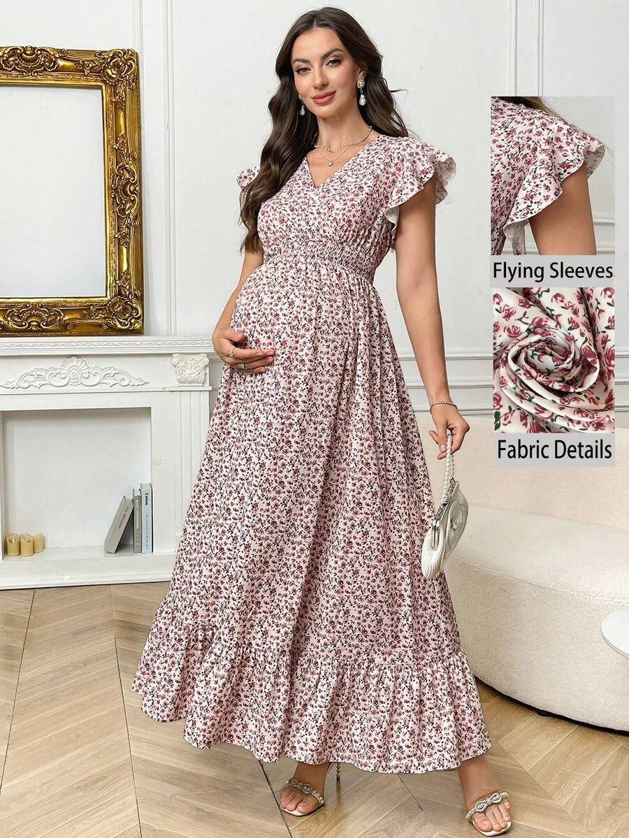 SHEIN 夏季孕妇V领短袖荷叶边腰部碎花连衣裙 - 粉色 - 查看 1