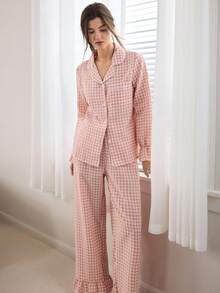 Ocili 波西米亚风印花棉质灯笼袖上衣和裤子女士睡衣套装，秋冬服装 - 粉色 - 查看 2