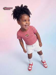 THE POWERPUFF GIRLS X SHEIN Maija Kids Áo thun ngắn tay cổ tròn tay ngắn viền bèo họa tiết hoạt hình dành cho bé gái tuổi teen - Hồng - Xem 2