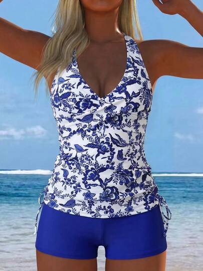 Swim Lushoire Lushore-D 女士夏季蓝色印花细肩带系带褶皱比基尼套装，优雅成熟沙滩度假泳装