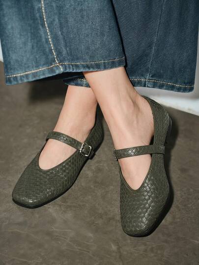 女士新款平底鞋，时尚方头，金属扣，橄榄绿色编织图案，玛丽珍芭蕾平底鞋，适合日常穿着、散步、工作、度假、派对、时装秀，可搭配牛仔裤、裙子、连衣裙，休闲舒适