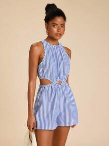 Travachic Bộ jumpsuit nữ không tay, khoét eo, kẻ sọc, thích hợp cho kỳ nghỉ, trang phục mùa hè cho phái nữ, jumpsuit mùa hè. - Xanh và trắng - Xem 4