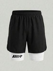 SHEIN 男童防闪光针织短裤，梭织印花休闲运动短裤 - 黑與白 - 查看 1