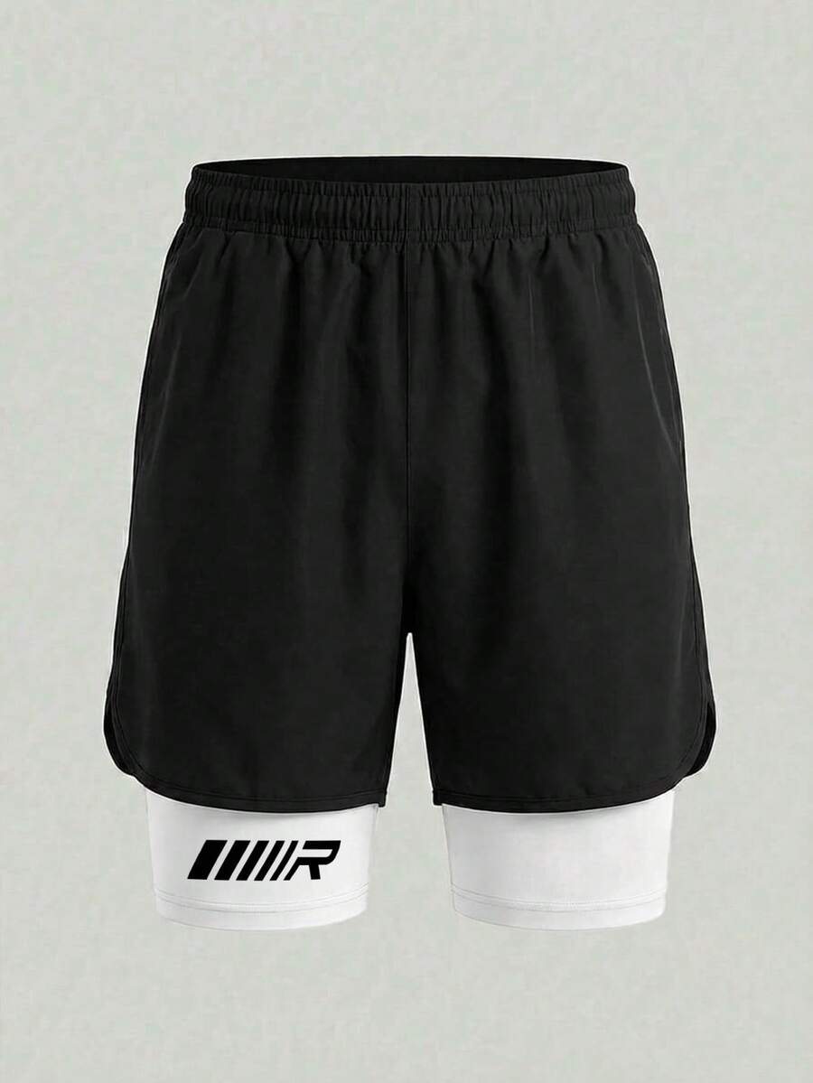 SHEIN 男童防闪光针织短裤，梭织印花休闲运动短裤 - 黑與白 - 查看 1