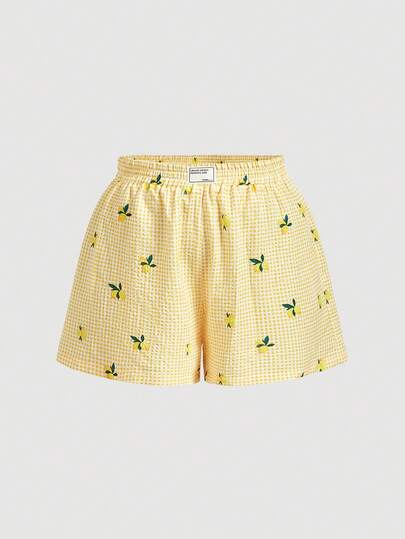 SHEIN MOD Plus Size Women's Plaid Fruit Pattern Print High Waist Casual Shorts, Beach Shorts, Yellow Shorts, Summer Shorts, Summer Bottoms, Lemon Print Shorts, Comfort Shorts Boxer Shorts Women's Summer Shorts,São João Look