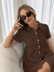 Vestido corto de un solo pecho de unicolor cómodo y casual para mujer - Marrón - Ver 4